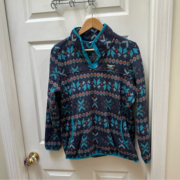 L.L. Bean Fleece Pullover with Teal and Orange Accents L Large print - Picture 1 of 5